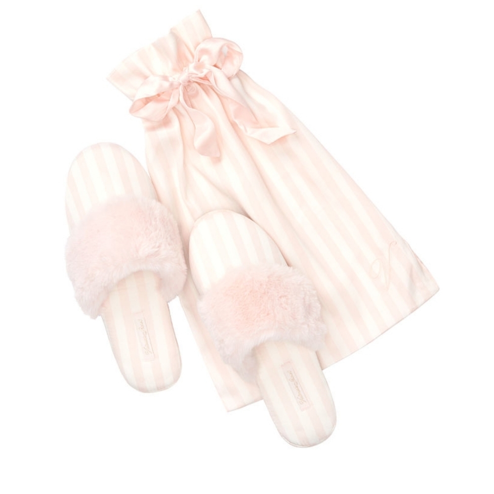 Victoria's Secret Slippers Satin & Faux Fur Size L 9-'10 Pink White Stripes NWT